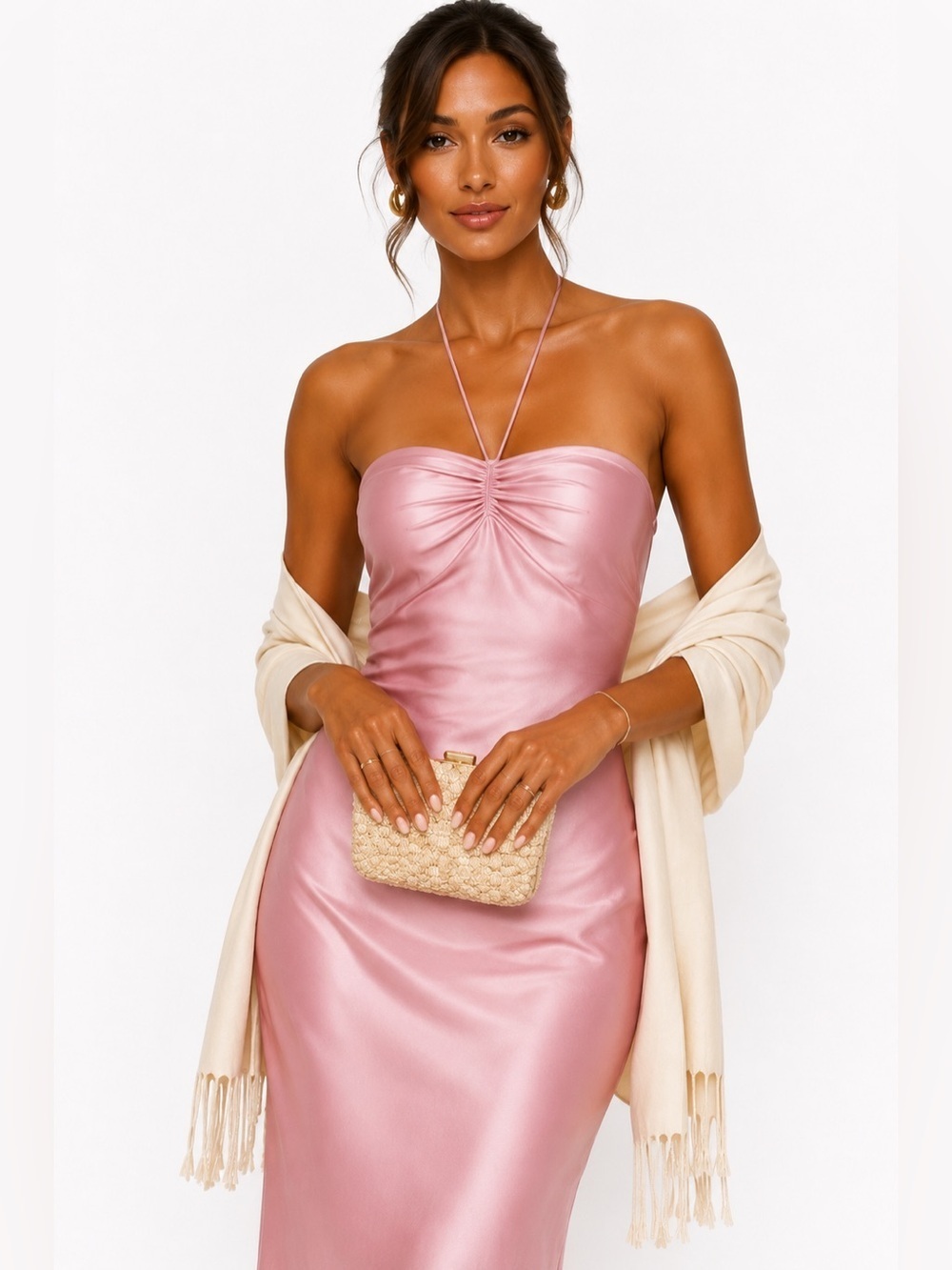 Reformation Valora Blush Pink Satin Halter Midi Dress Size 12 NWT